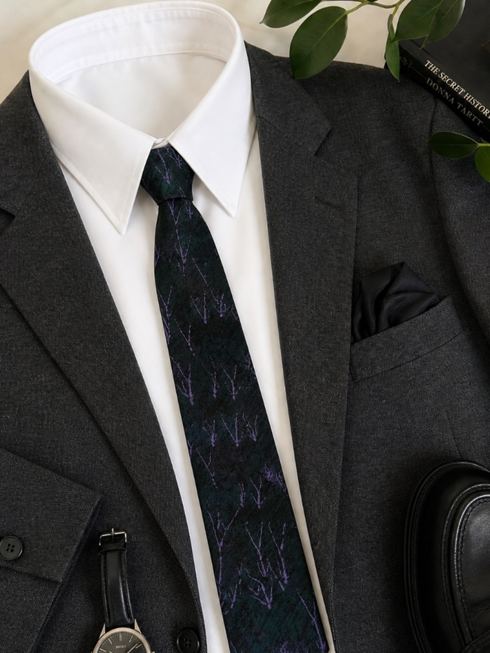 Vintage Florenzi Dark Green Purple Abstract Skinny Tie USA